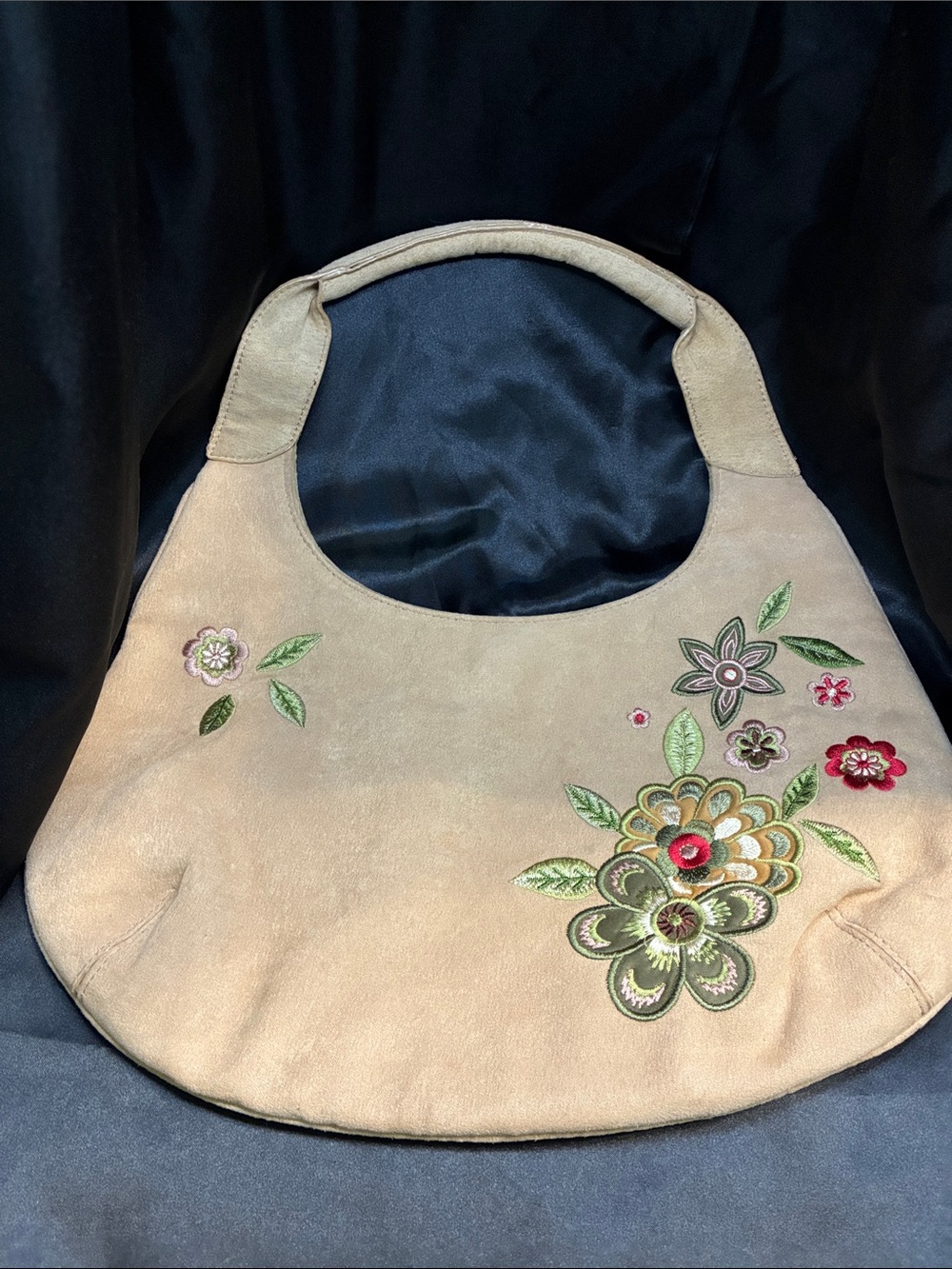 Vintage No Boundaries Beige Suede Hobo Bag with Multicolor Floral Embroidery